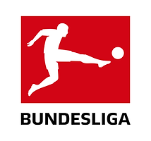 Bundesliga logo with a soccer player kicking the ball, white and red background.