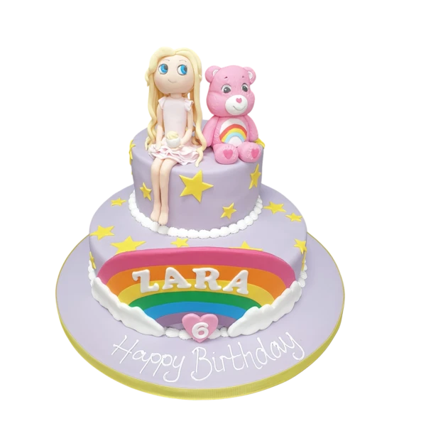 Bespoke Care Bears-themed cake with colorful fondant figures and rainbow decorations in Solihull, West Midlands.