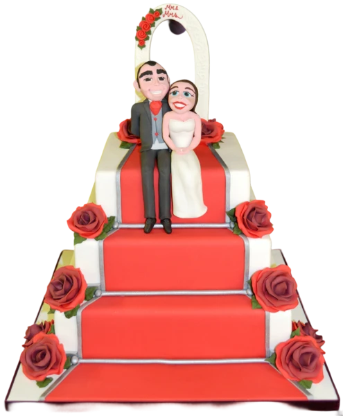 Four-tier wedding cake with red sugar paste and rose decorations.