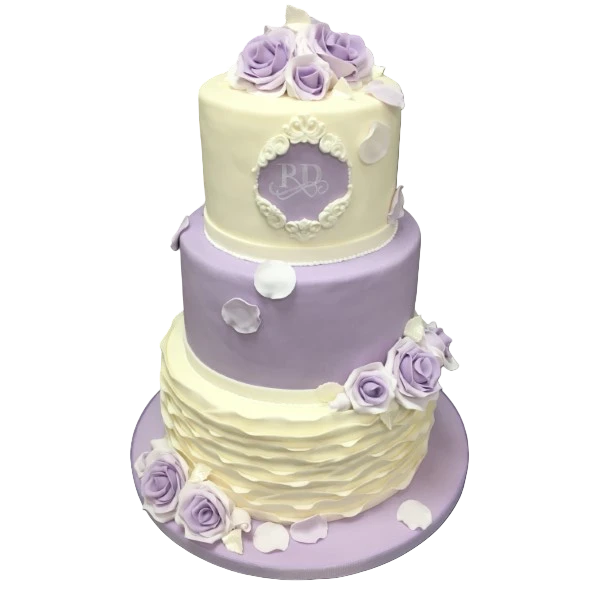 Three-tier wedding cake with lavender and ivory sugar paste and roses.