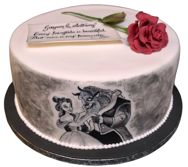 A stunning Beauty and the Beast themed painted cake featuring intricate designs and vibrant colors, perfect for themed celebrations.