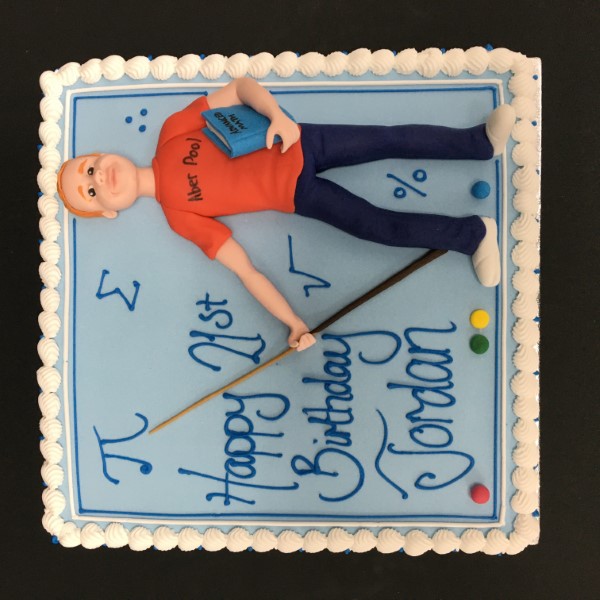 A unique and creatively designed cake inspired by pool, mathematics, and gaming, perfect for themed celebrations and special occasions in the UK.
