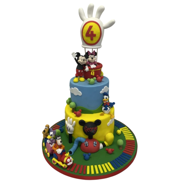 Bespoke Mickey Mouse Club House cake with vibrant colors and character toppers in Solihull, West Midlands.
