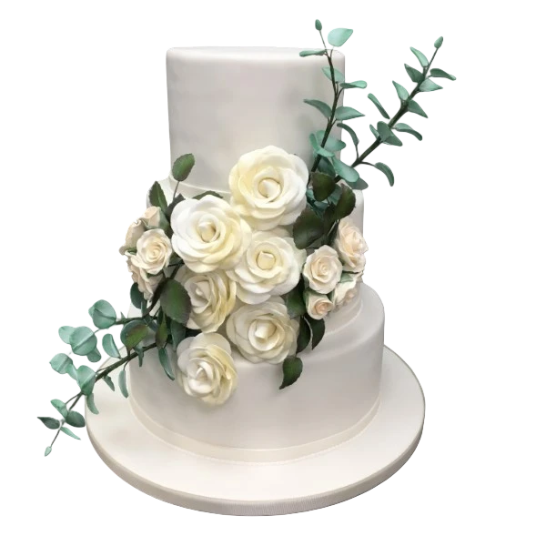 Two-tier wedding cake with ivory roses and green foliage in sugar paste.