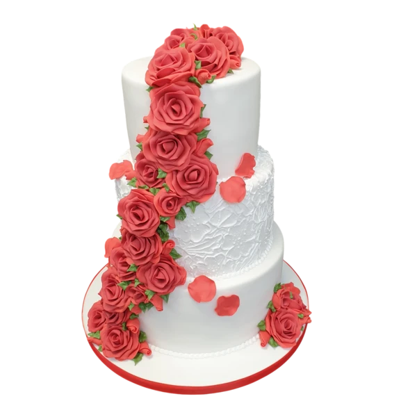 Three-tier white wedding cake with coral roses and sugar lace details.
