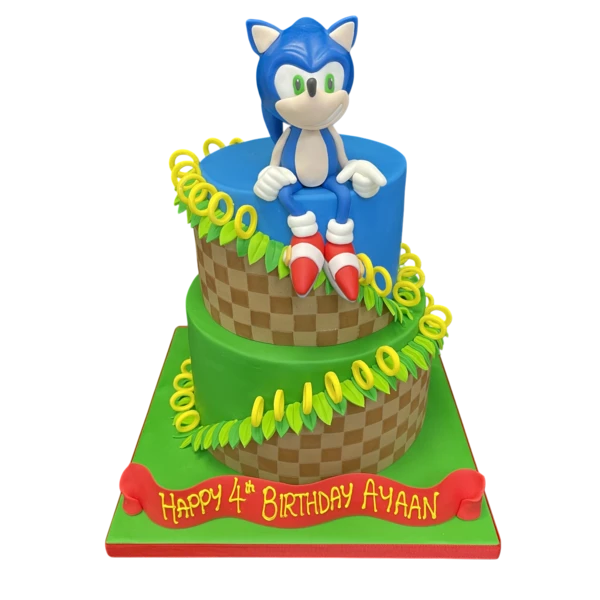 Bespoke Sonic The Hedgehog cake with blue icing and character details, crafted for celebration in Solihull, West Midlands.