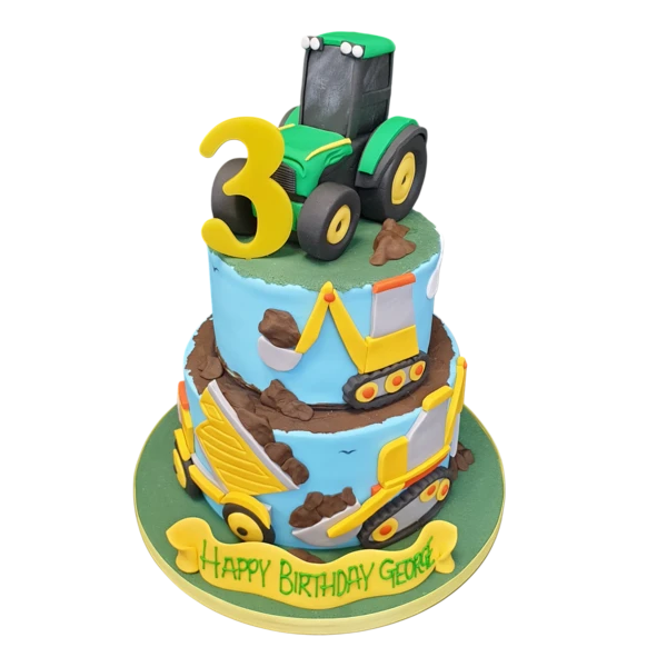 Bespoke celebration cake featuring heavy lifters, diggers, and tractor designs in Solihull, West Midlands.
