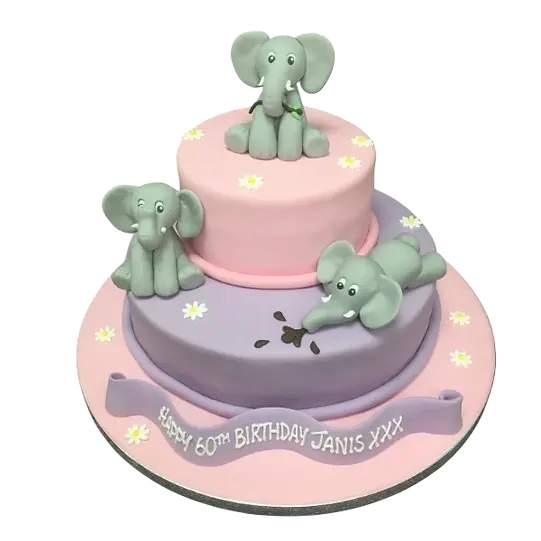 Bespoke Elephant Duo celebration cake with two gray elephants and green foliage, Solihull, West Midlands.