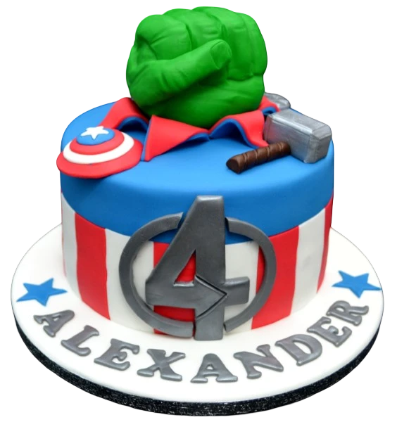 Bespoke Marvel celebration cake with a red fist topper in Solihull, West Midlands.