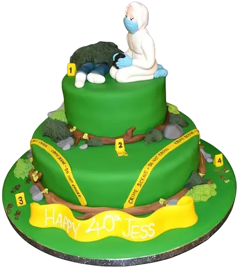 Bespoke forensic crime scene duo cake with realistic evidence markers and caution tape, Solihull, West Midlands.