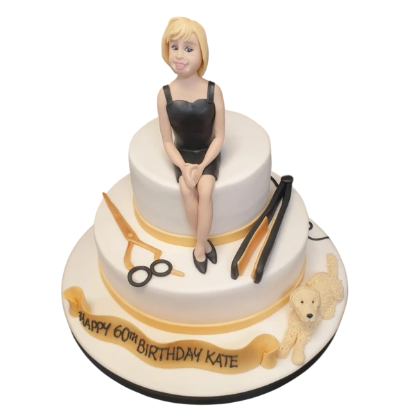 Bespoke celebration cake in Solihull, West Midlands featuring a hairdresser duo and a dog topper.