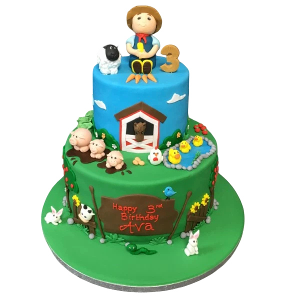 A charming animal-themed cake featuring a farmer and various adorable farm animals for a fun and festive celebration. Perfect for farm-themed parties and events.