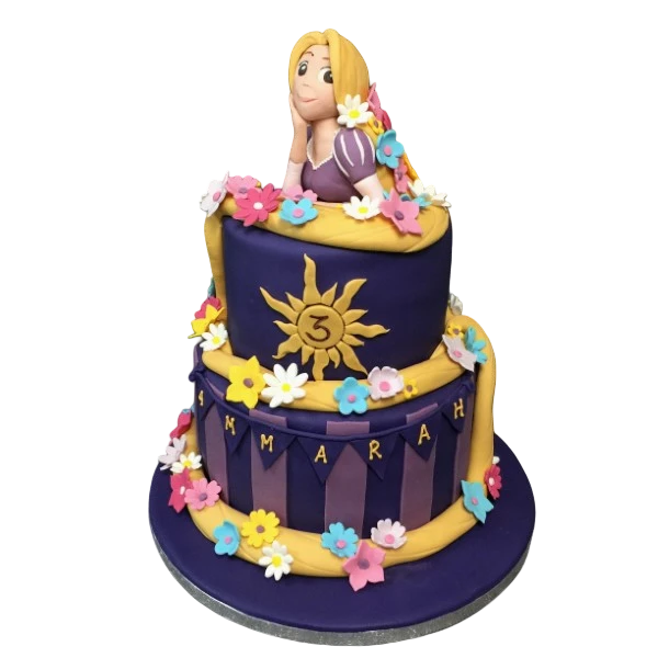 Bespoke Rapunzel Tangled cake with golden hair and floral details, crafted in Solihull, West Midlands.