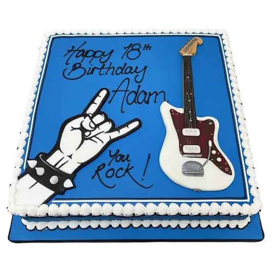 Bespoke cake shaped like an electric guitar with a rock hand, crafted for a celebration in Solihull, West Midlands.