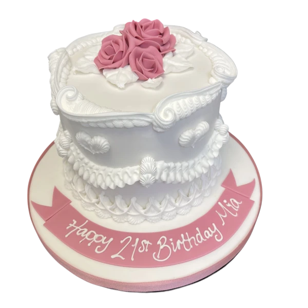 Bespoke cake with intricate fancy piping and elegant swirls, crafted for celebration in Solihull, West Midlands.