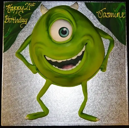 Bespoke cake featuring Mike Wazowski from Monsters Inc, decorated with vibrant green and white icing in Solihull, West Midlands.