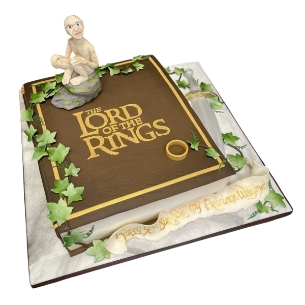 A stunning Lord of the Rings book-inspired cake with intricate detailing, perfect for fans of the classic fantasy series.