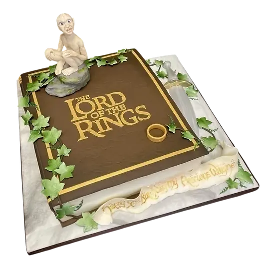 Bespoke cake shaped like an open Lord of the Rings book with detailed text and Solihull, West Midlands celebration design.