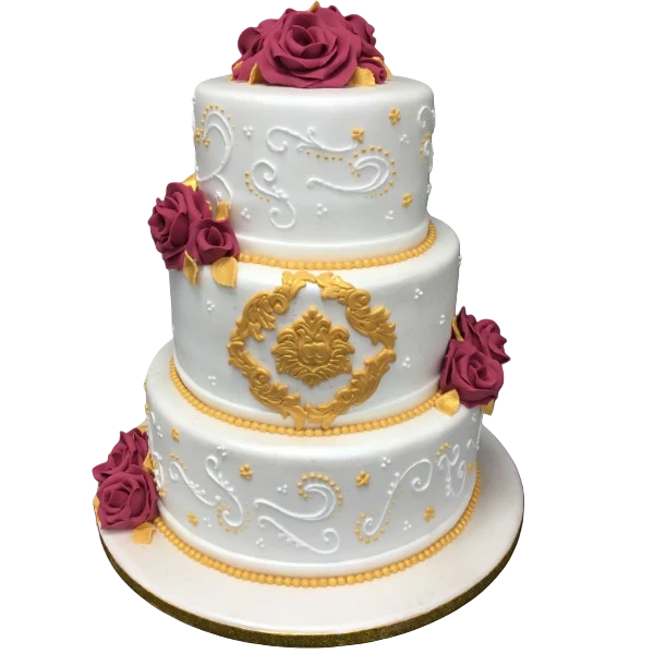 Three-tier wedding cake with red roses and gold embellishments on white sugar paste.