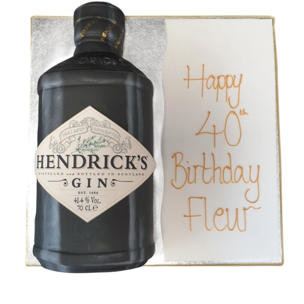 Bespoke cake shaped like a Hendricks Gin bottle with detailed label, crafted for celebration in Solihull, West Midlands.