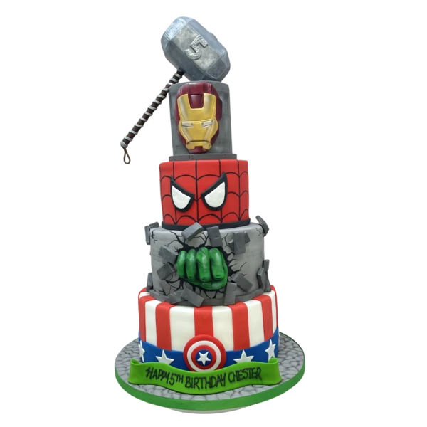 Bespoke Avengers celebration cake with Thor, Iron Man, Spiderman, Hulk, and Captain America figures in Solihull, West Midlands.