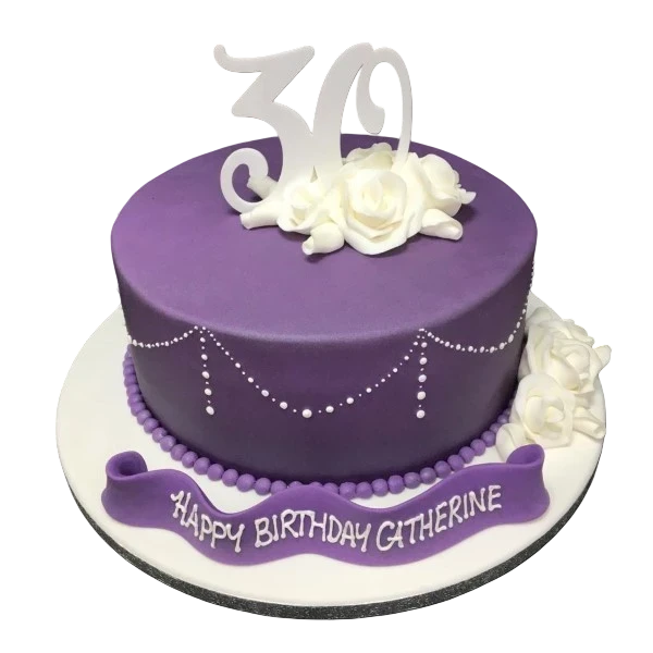 Bespoke celebration cake with smooth white fondant and delicate silver accents in Solihull, West Midlands.