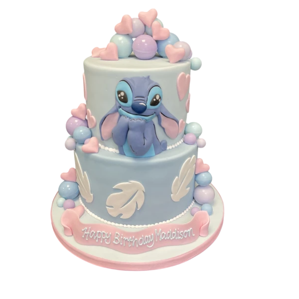 Bespoke Stitch character cake with vibrant blue and purple icing, perfect for celebration in Solihull, West Midlands.