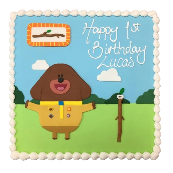 Bespoke Hey Duggee themed celebration cake with colorful fondant decorations in Solihull, West Midlands.
