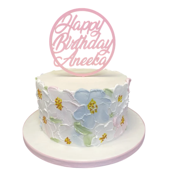 Bespoke celebration cake with pastel brushed flowers decoration, crafted in Solihull, West Midlands.