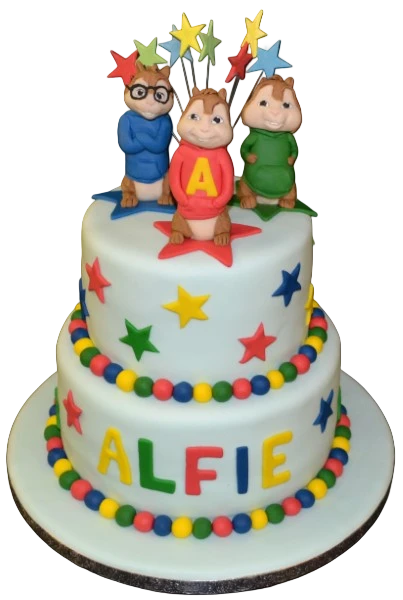 Bespoke Alvin and the Chipmunks celebration cake with colorful characters, Solihull, West Midlands.