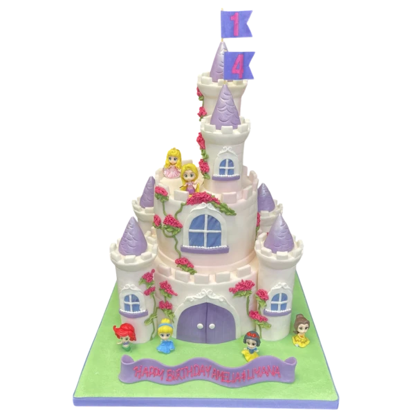 Bespoke princess castle cake with plastic characters, detailed turrets and pastel colors, Solihull, West Midlands.