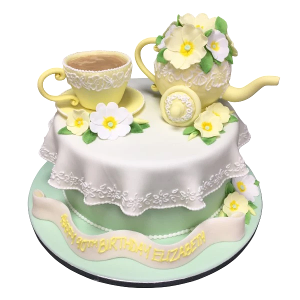 Bespoke "Tea for One" celebration cake with teacup and saucer design in Solihull, West Midlands.