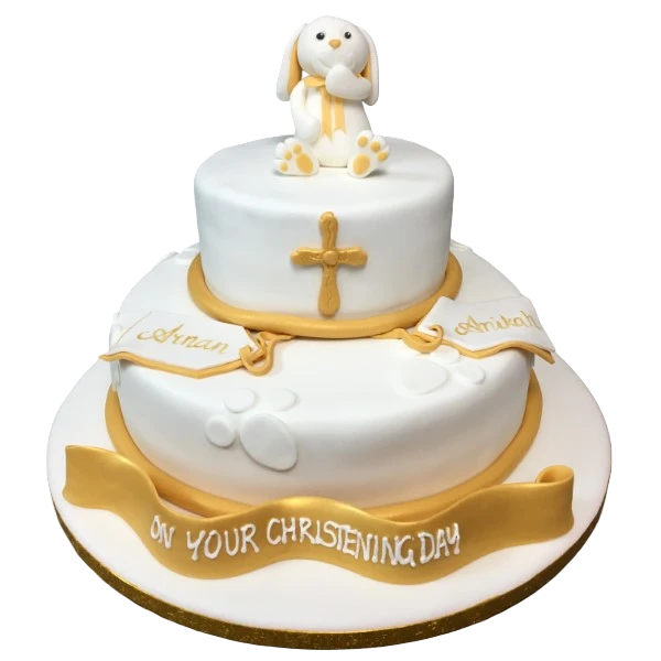 Bespoke christening cake featuring a rabbit duo design in Solihull, West Midlands.