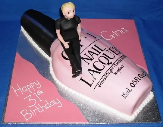 Bespoke nail varnish bottle cake with glossy finish and detailed label, crafted in Solihull, West Midlands celebration.