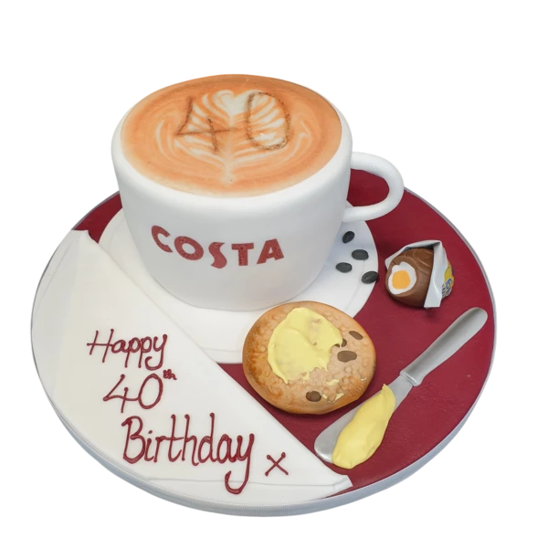 Bespoke Costa Coffee and Tea themed cake with detailed logos, crafted in Solihull, West Midlands for celebration.