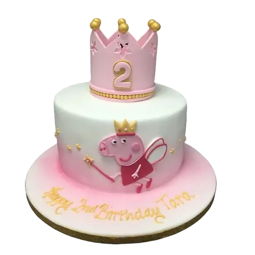 A stunning Peppa Pig fairy themed cake adorned with a beautiful crown, perfect for a magical celebration. Perfect for fans of the popular children's character.
