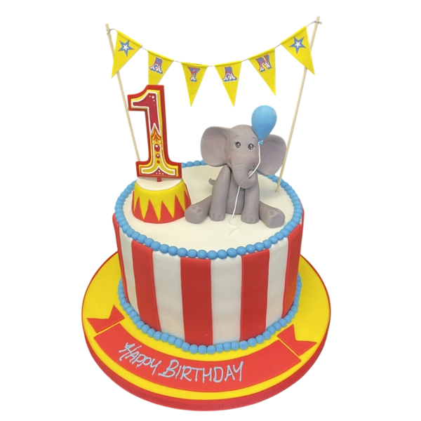 Bespoke Elephant Circus cake with colorful fondant animals and circus tents, crafted in Solihull, West Midlands.