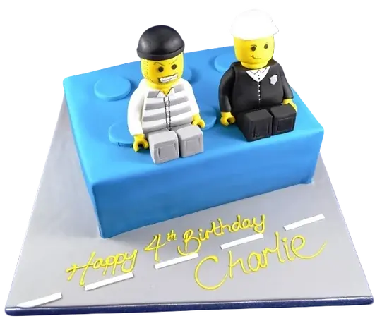 Bespoke LEGO brick cake featuring cop and robber figures, crafted for celebration in Solihull, West Midlands.