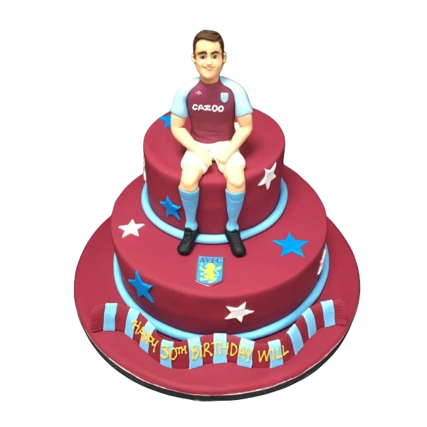 Bespoke Aston Villa football duo cake with team colors and logos, crafted for celebration in Solihull, West Midlands.