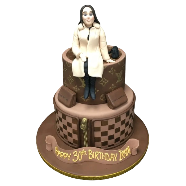 Bespoke LV Louis Vuitton fan lady cake with intricate fondant details, crafted in Solihull, West Midlands.