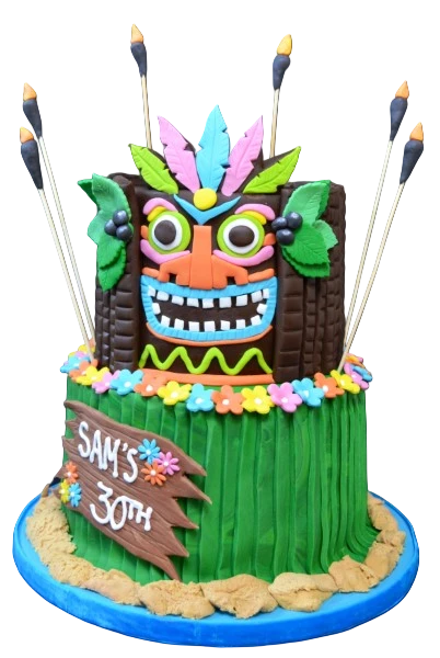 Bespoke DEEP TIKI DUO cake with vibrant tropical decorations, perfect for celebration in Solihull, West Midlands.