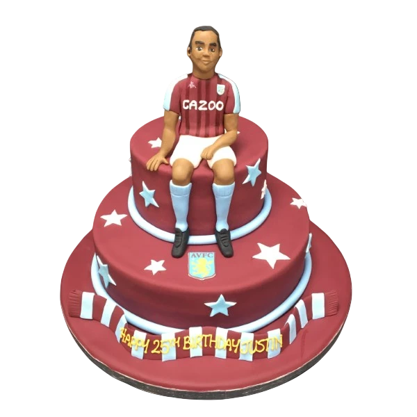 A football-themed cake with two players in Aston Villa Football Club jerseys, perfect for fans of the team.