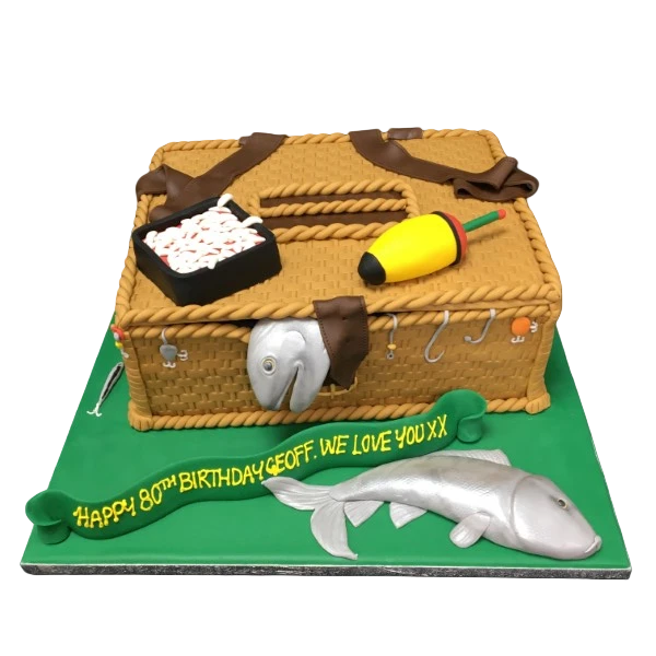 Bespoke fishing basket cake with edible tackle and fish details, crafted for celebration in Solihull, West Midlands.