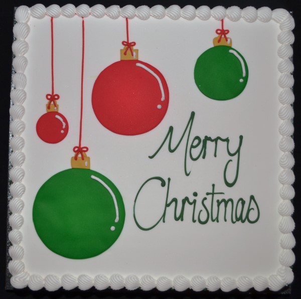 Bespoke Bauble Christmas cake with colorful edible ornaments, snowflakes, and festive detailing in Solihull, West Midlands.