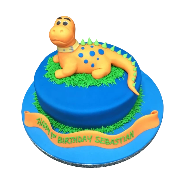Bespoke orange dinosaur cake with detailed scales and spikes, perfect for celebration in Solihull, West Midlands.