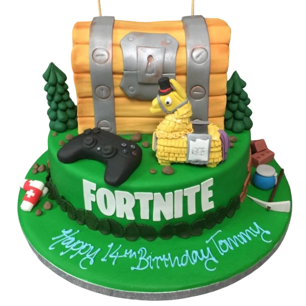 Bespoke Fortnite-themed cake with vibrant character toppers and edible game logos, crafted in Solihull, West Midlands.
