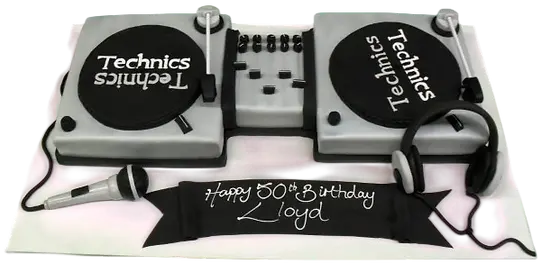 Bespoke DJ decks cake with detailed turntables and mixer design, crafted for celebration in Solihull, West Midlands.