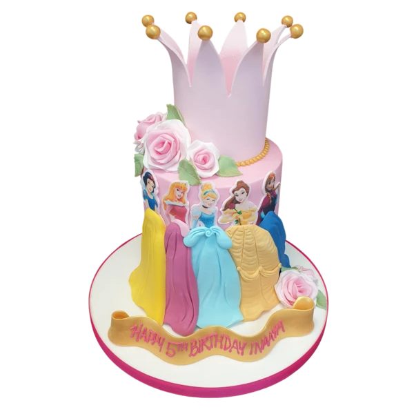 Bespoke princess-themed celebration cake with pastel colors and edible tiaras in Solihull, West Midlands.