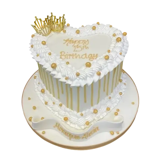 Bespoke celebration cake with intricate piping, chocolate drip, and edible crowns in Solihull, West Midlands.