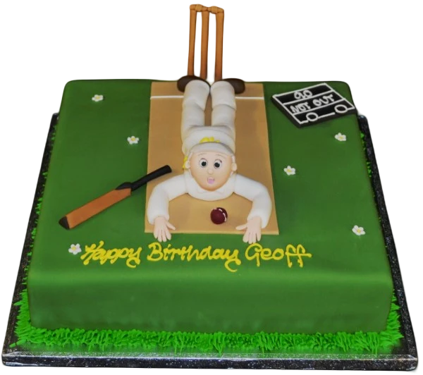Bespoke cricket-themed cake with edible bat and ball decorations, crafted for celebration in Solihull, West Midlands.
